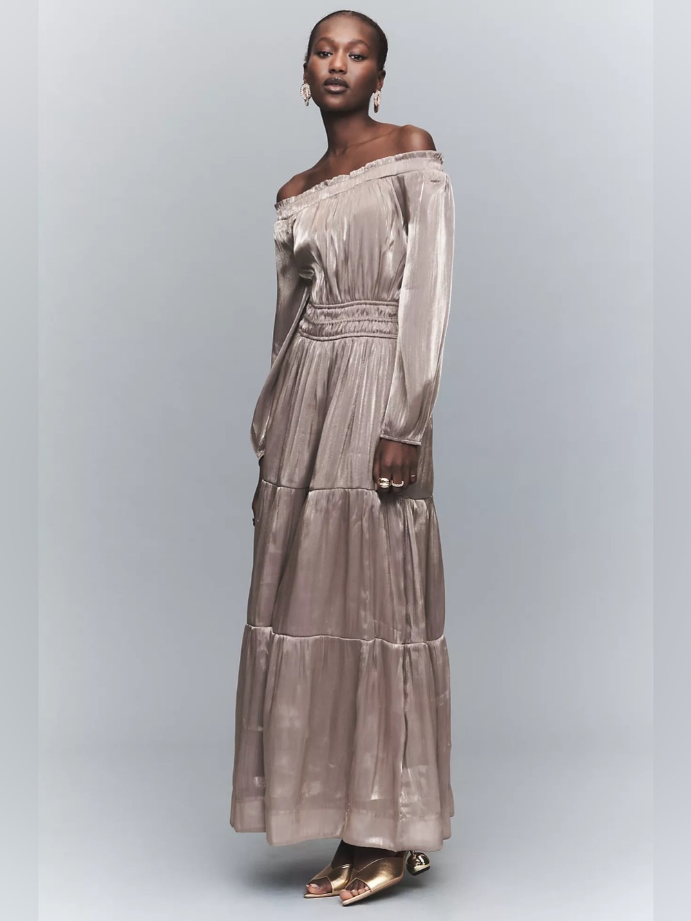 NWT Anthropologie Brown the Summerset Off the Shoulder Long Maxi Dress Sz Small